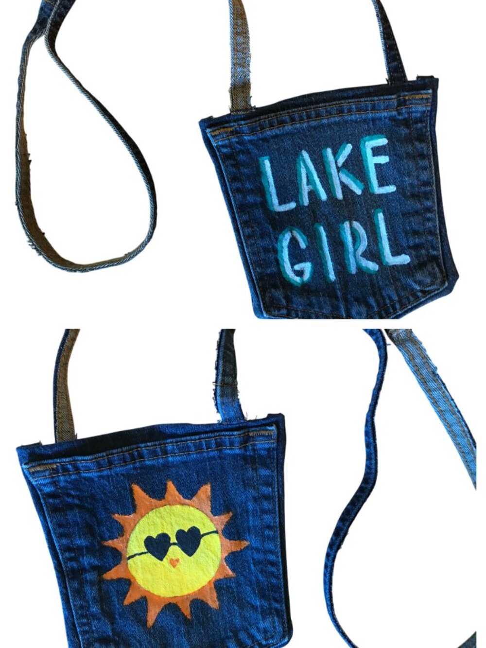 Handmade Crossbody Cell Phone Bag, Lake Girl Theme, Recycled Denim Jean Purse